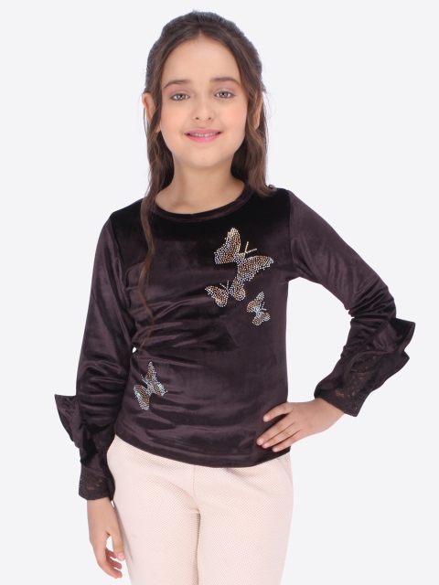 

CUTECUMBER Girls Brown Butterfly Embellished Top