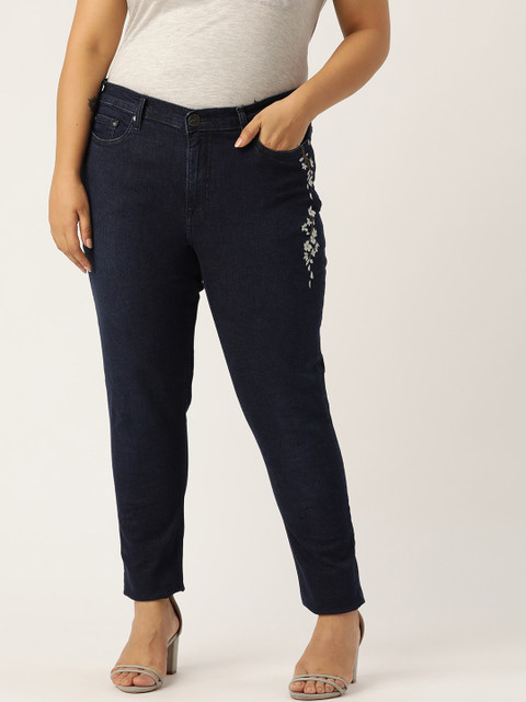 

Sztori Plus Size Women Navy Blue Embroidered Detail Skinny Fit Mid-Rise Clean Look Stretchable Jeans