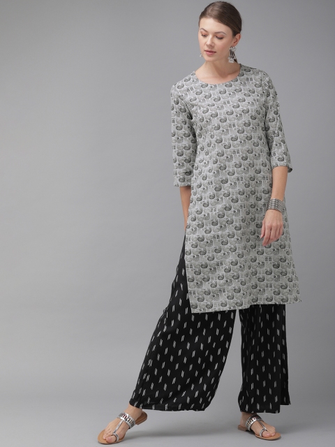 

Anouk Women Grey & Black Printed Straight Kurta