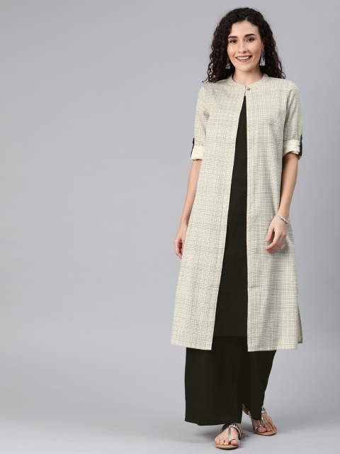 

Anouk Women Beige & Black Checked Layered Kurta with Palazzos