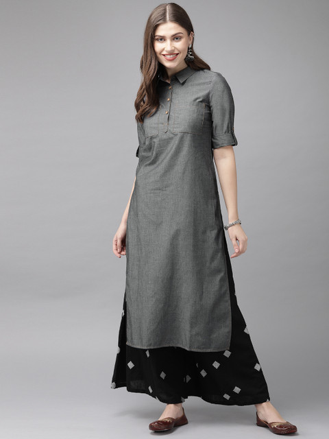 

Anouk Women Charcoal Solid Straight Kurta