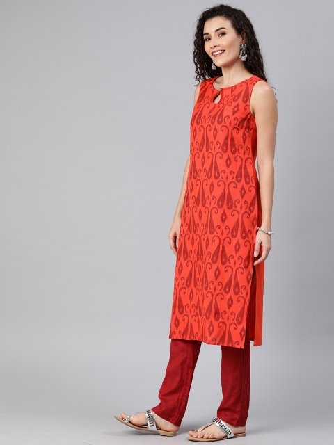 

Anouk Women Orange Paisley Printed Cotton Linen Straight Kurta