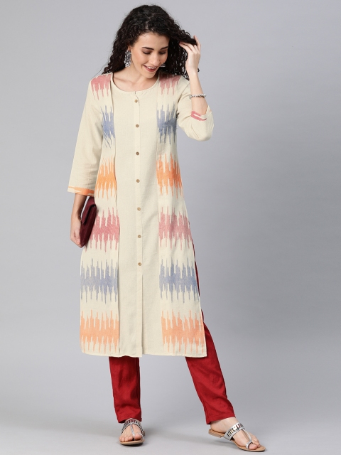 

Anouk Women Off-White & Orange Printed Cotton Linen Layered Straight Kurta