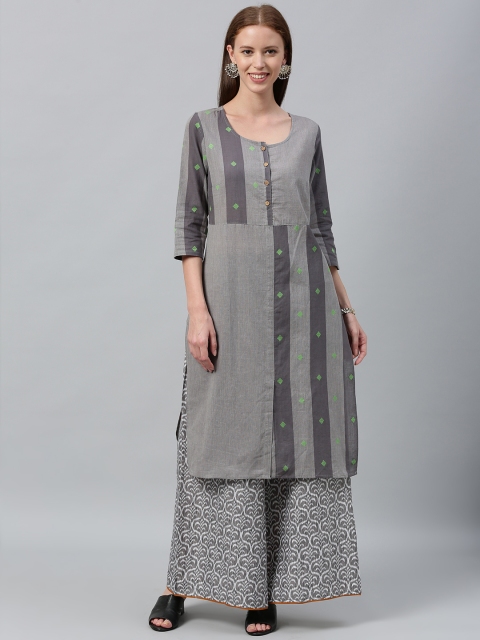 

Anouk Women Grey Striped Straight Kurta with Thread Work
