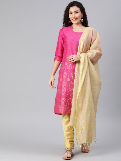 

Anouk Women Pink & Beige Foil Printed Kurta with Churidar & Dupatta