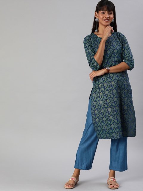 

Anouk Women Blue & Green Printed Straight Kurta