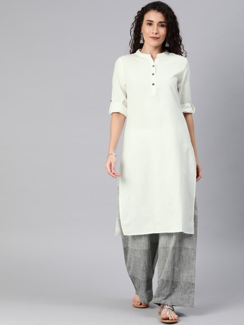 

Anouk Women White & Grey Solid Roll-Up Sleeved Kurta with Palazzos