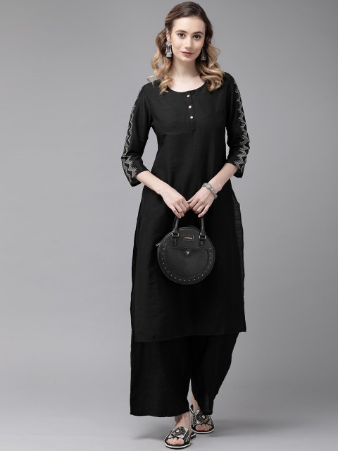 

Anouk Women Black Solid Kurta Set With Embroidered Sleeves
