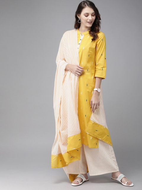 

Anouk Women Yellow & Off-White Printed Kurta with Palazzos & Dupatta