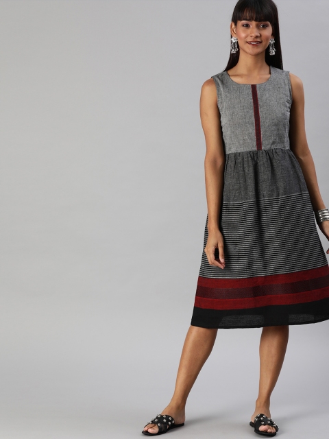 

Anouk Women Grey & Black Striped Fit and Flare Dress