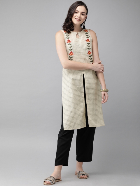 

Anouk Women Beige & Black Checked Straight Kurta