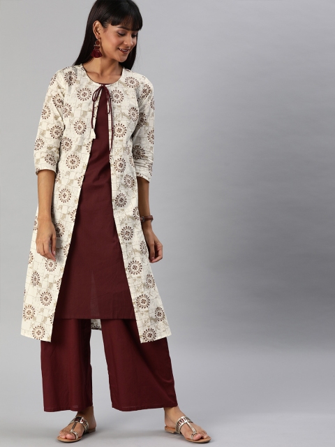 

Anouk Women Maroon & Off-White Printed Layered Kurta with Palazzos