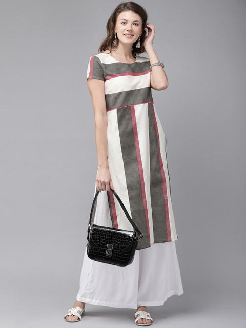 

Anouk Women White & Black Striped Straight Kurta