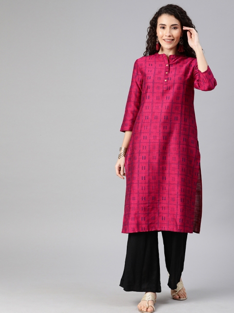 

Anouk Women Magenta Pink & Navy Blue Woven Design Straight Kurta