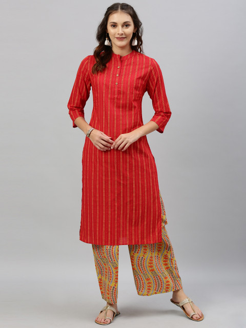 

Anouk Women Red & Mustard Striped Kurta with Palazzos