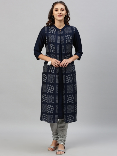 

Anouk Women Navy Blue & Grey Printed Kurta with Churidar