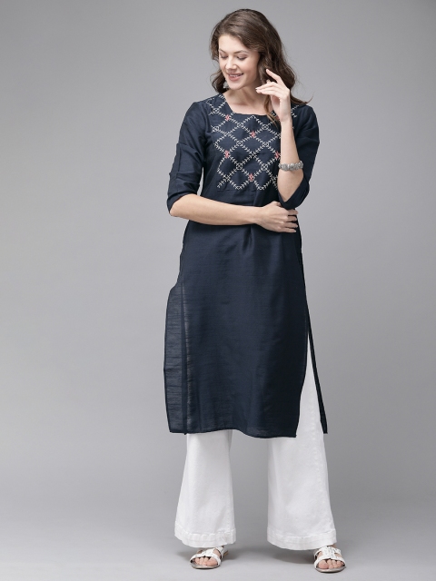 

Anouk Women Navy Blue & White Embroidered Straight Kurta