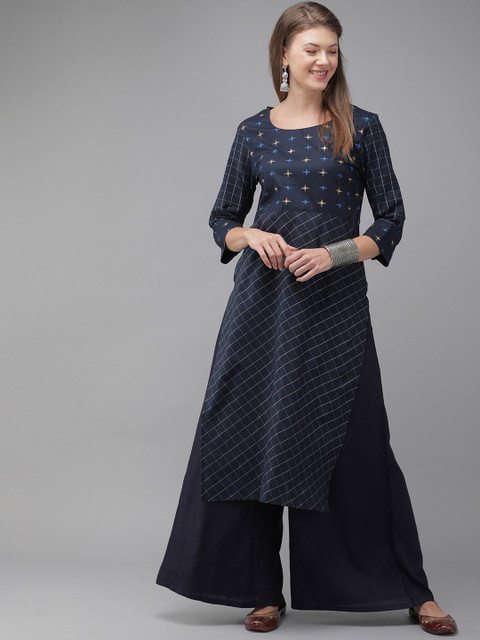 

Anouk Women Navy Blue & Golden Checked Straight Kurta