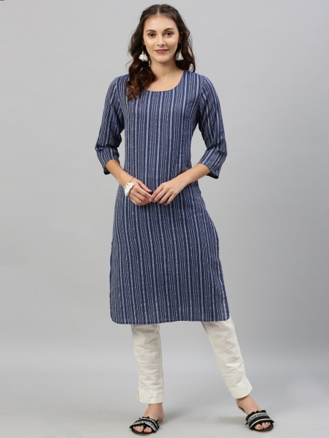 

Anouk Women Navy Blue & White Striped Straight Kurta
