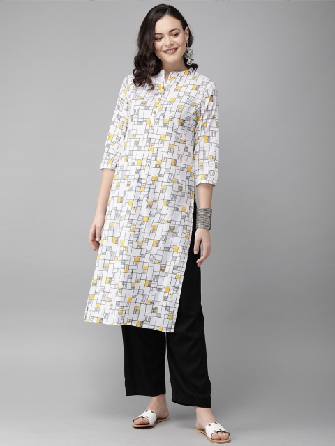 

Anouk Women White & Yellow Printed Straight Kurta