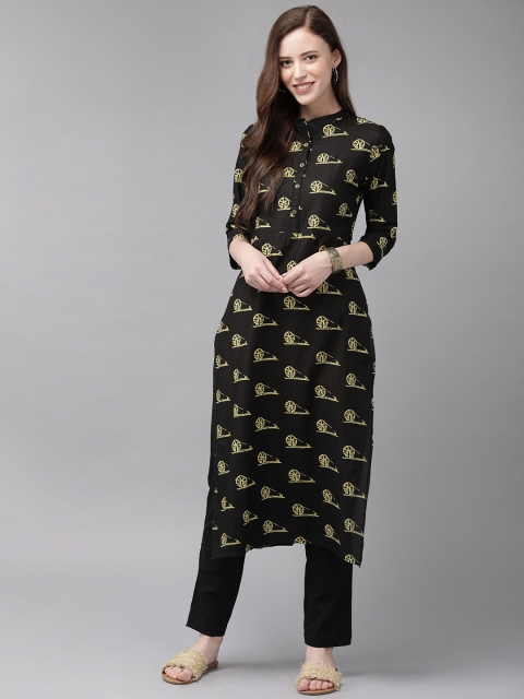 

Anouk Women Black & Yellow Quirky Print Straight Kurta