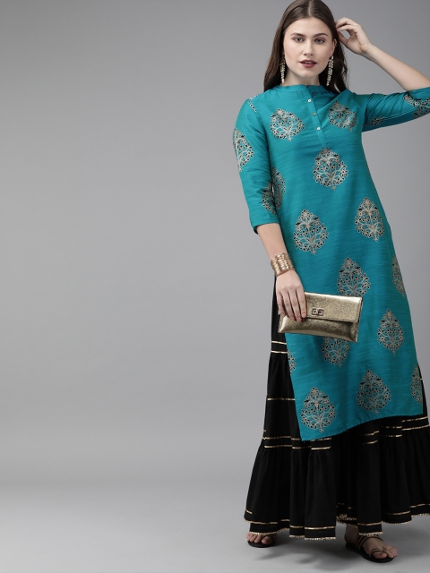 

Anouk Women Teal Blue Printed Straight Kurta