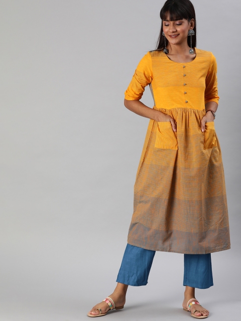 

Anouk Women Mustard Yellow & Teal Blue Striped A-Line Kurta