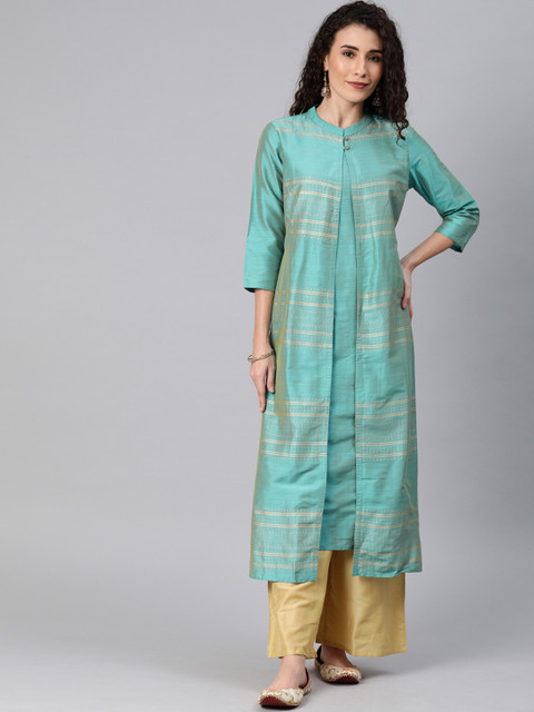 

Anouk Women Teal & Beige Striped Kurta with Palazzos