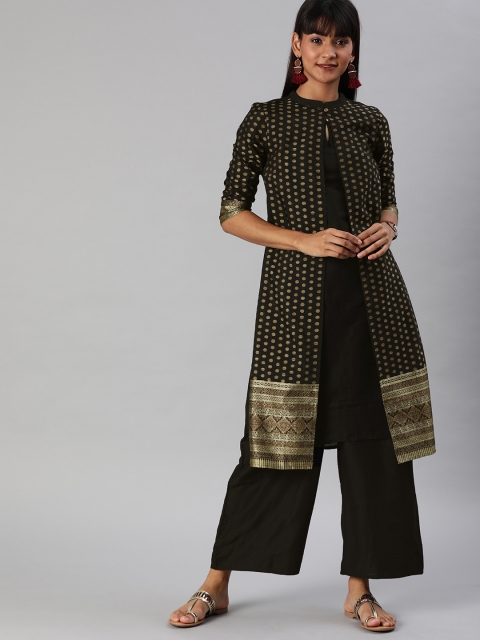 

Anouk Women Black & Golden Woven Design Layered Kurta with Palazzos
