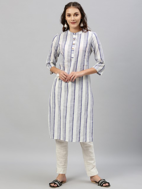 

Anouk Women White & Blue Striped Straight Kurta