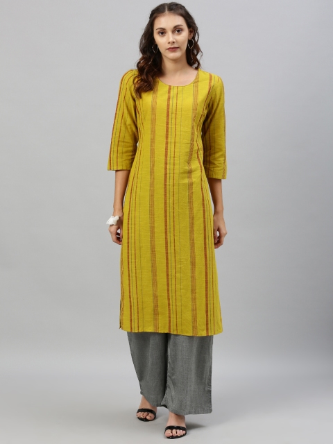 

Anouk Women Mustard & Grey Striped Straight Kurta