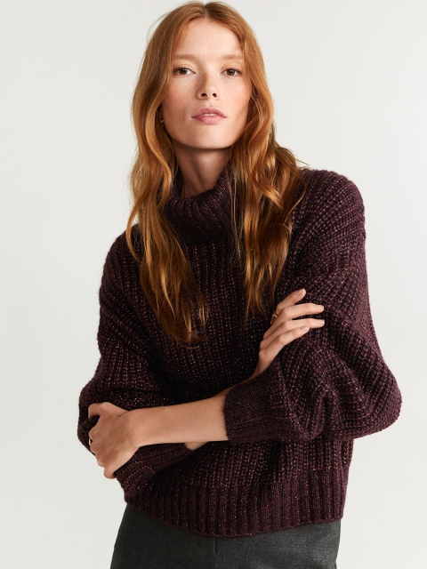 

MANGO Women Coffee Brown Ribbed Pullover Sweater
