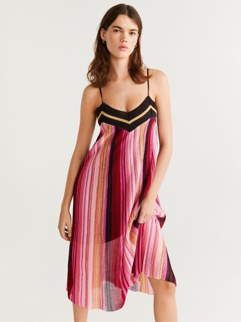 

MANGO Women Pink & Black Self-Striped A-Line Dress