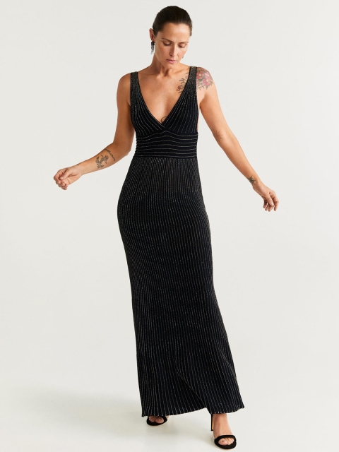 

MANGO Women Black & Golden Self-Striped Maxi Dress