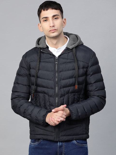 

Blackberrys Men Navy Blue Slim Fit Solid Quilted Jacket with Detachable Hood