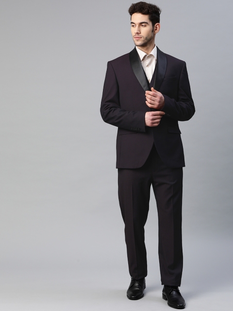 

Blackberrys Men Black & Wine-Coloured Slim Fit Self Design Single Breasted 3-Piece Suit, Purple