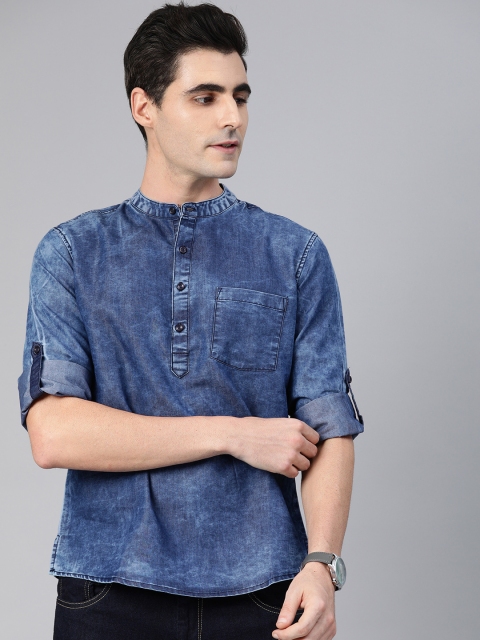 

Anouk Men Navy Blue Faded Straight Denim Short Kurta