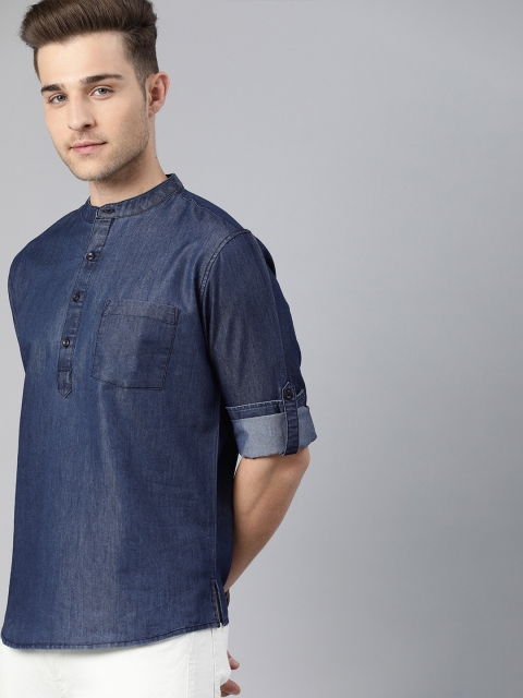 

Anouk Men Blue Solid Straight Chambray Kurta