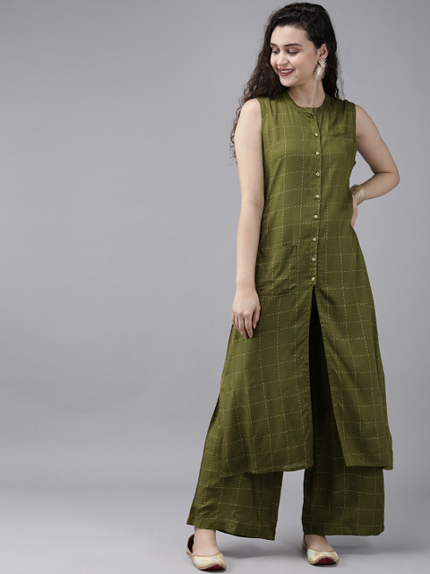 

Anouk Women Olive Green Printed Kurta with Palazzos