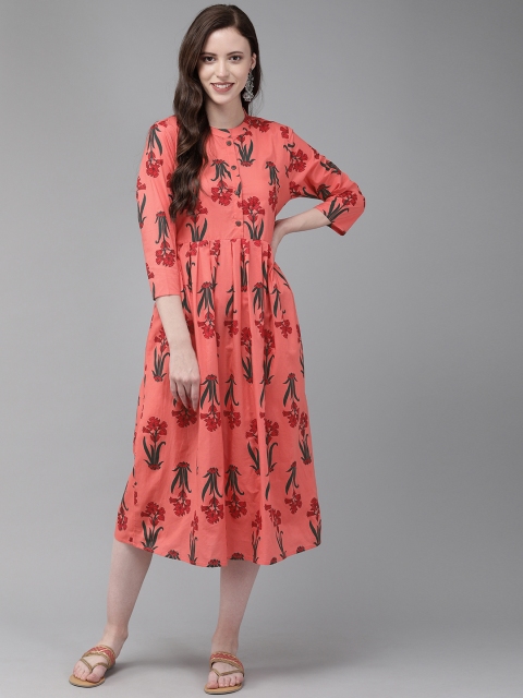 

Anouk Women Coral Pink & Red Printed A-Line Fusion Kurta