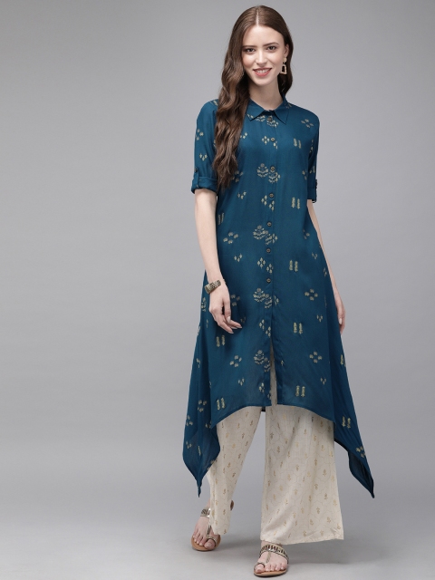 

Anouk Women Teal Blue & Gold-Coloured Printed Asymmetric A-Line Kurta
