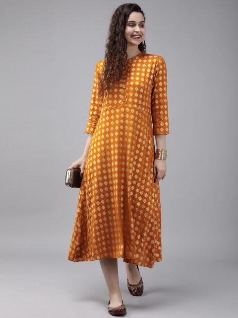 

Anouk Women Orange & Gold-Coloured Printed A-Line Fusion Kurta