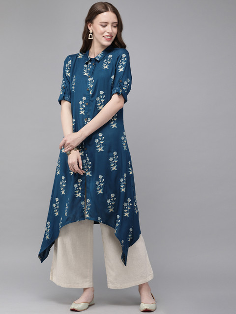 

Anouk Women Navy Blue & Golden Asymmetric Printed A-Line Kurta