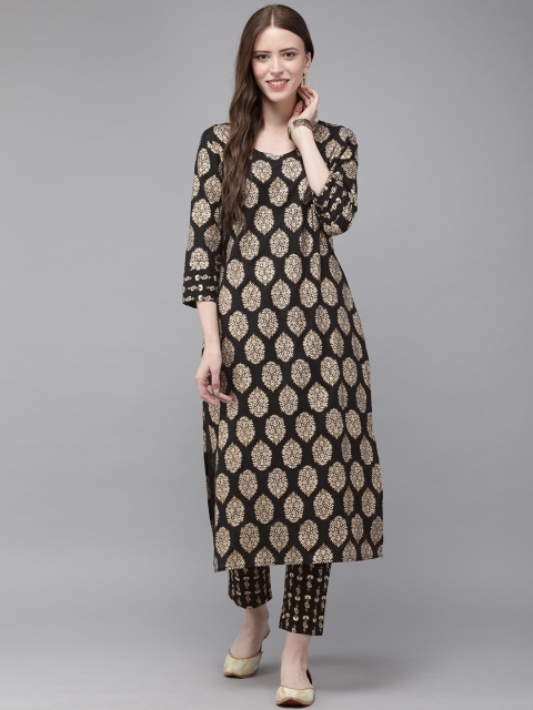 

Anouk Women Black & Gold-Toned Foil Printed Kurta with Trousers