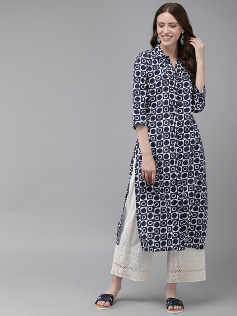 

Anouk Women Navy Blue & White Printed Straight Kurta