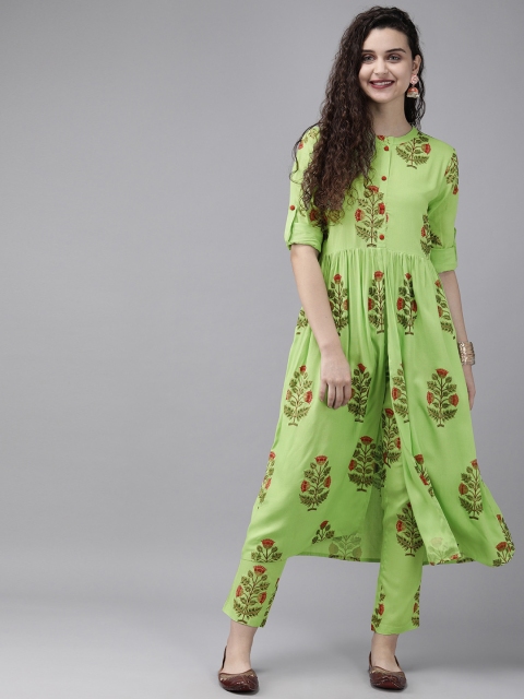 

Anouk Women Lime Green & Fuchsia Pink Printed Kurta with Trousers