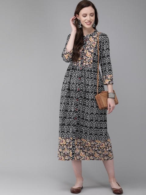 

Anouk Women Black & White Printed A-Line Fusion Kurta