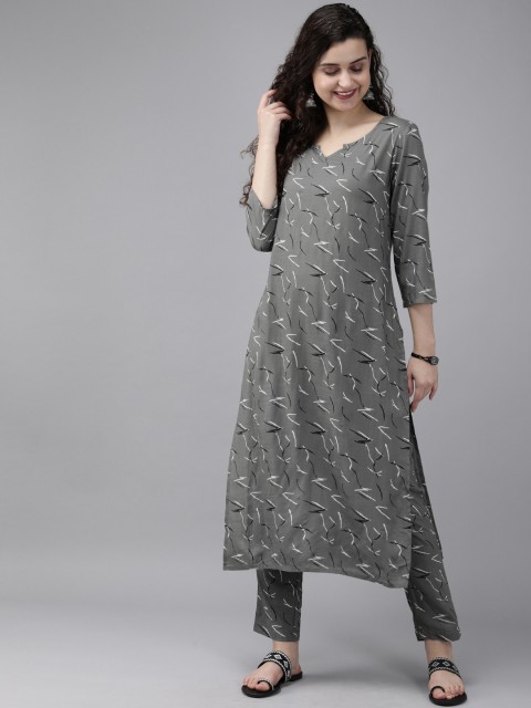 

Anouk Women Grey & White Printed Kurta with Trousers