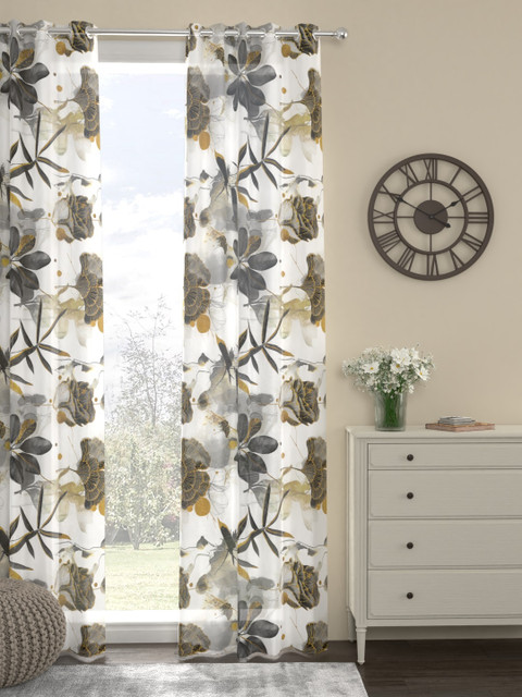 

ROSARA HOME White & Charcoal Grey Printed Single Sheer Door Curtain