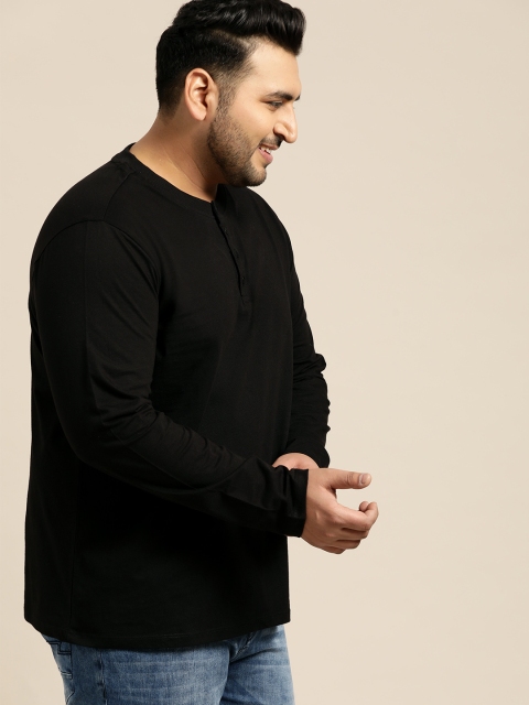 

Sztori Plus Size Men Black Solid Henley Neck Pure Cotton T-shirt